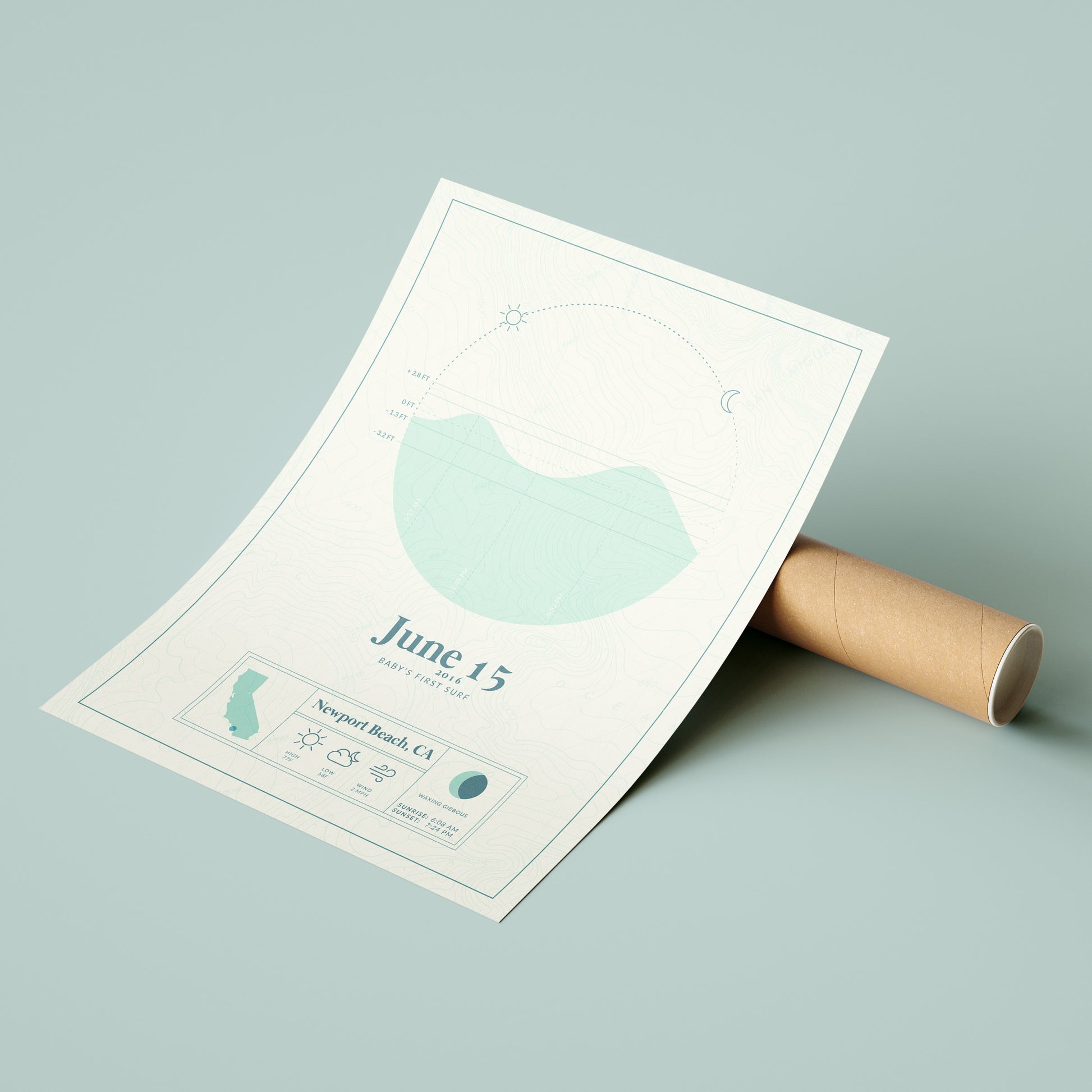 the personalized tide map poster by salt atlas in the mint & creme color option next to the eco friendly cardboard packaging. These are custom posters showing the tide, weather, and moon phase for a special day, like an anniversary or birthday.
