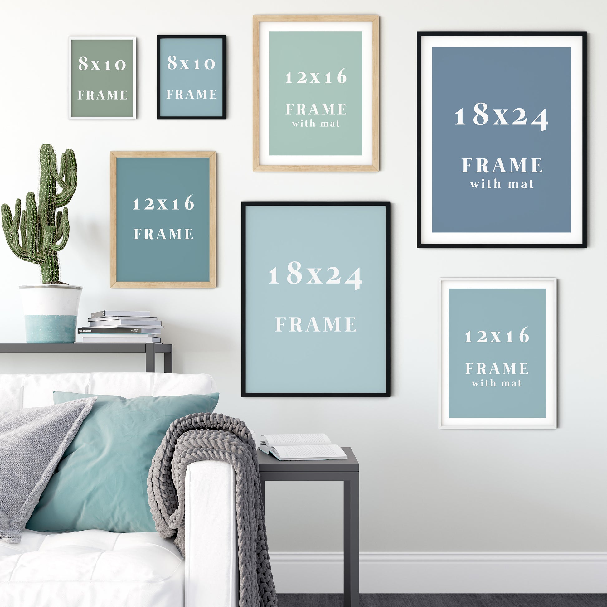 Wall of different size posters with and without frames