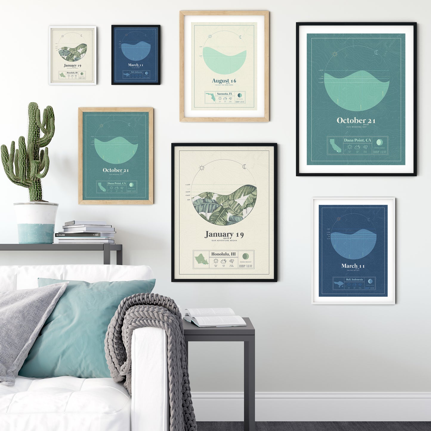 Wall of framed Tide Map Posters in different sizes and color options