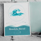 White framed Waves Tide Map poster in a home setting showing Malibu, California. Waves Tide Map Posters by Salt Atlas are custom posters showing the tide, astrology zodiac sign, and moon phase for a special day, like an anniversary or birthday. 