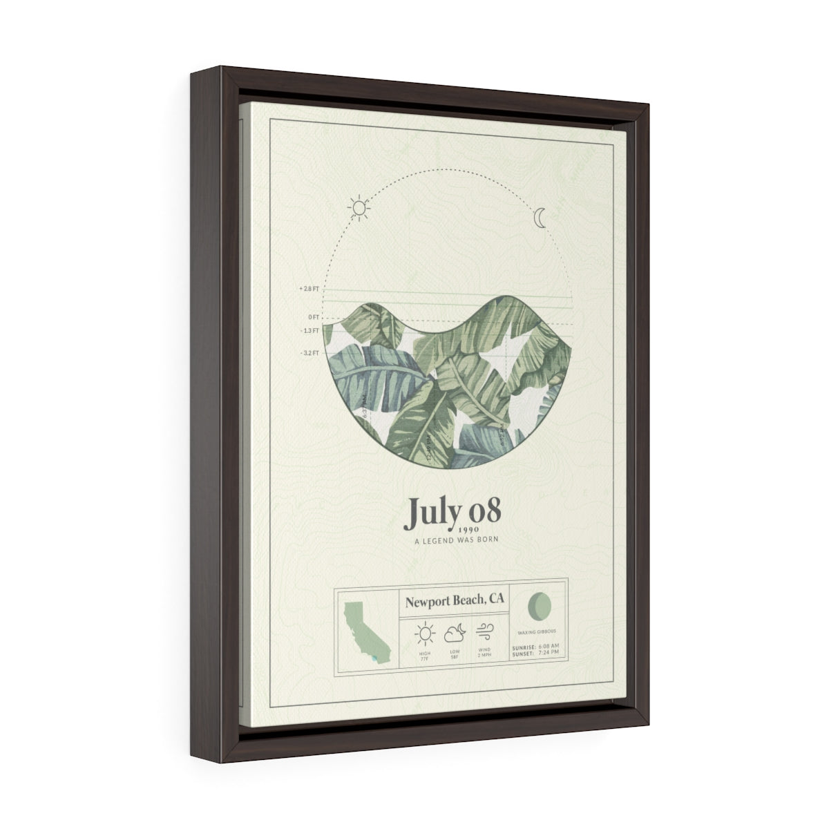 dark brown framed floating canvas of the personalized tide map by salt atlas in the tropical island green color on a white background. These are custom posters showing the tide, weather, and moon phase for a special day, like an anniversary or birthday.
