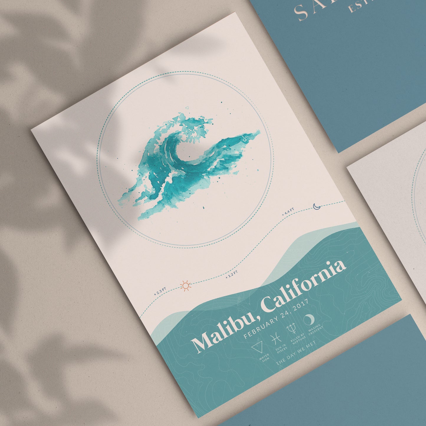 Waves Tide Map Poster showing Malibu, California in a flat lay layout. Waves Tide Map Posters by Salt Atlas are custom posters showing the tide, astrology zodiac sign, and moon phase for a special day, like an anniversary or birthday.