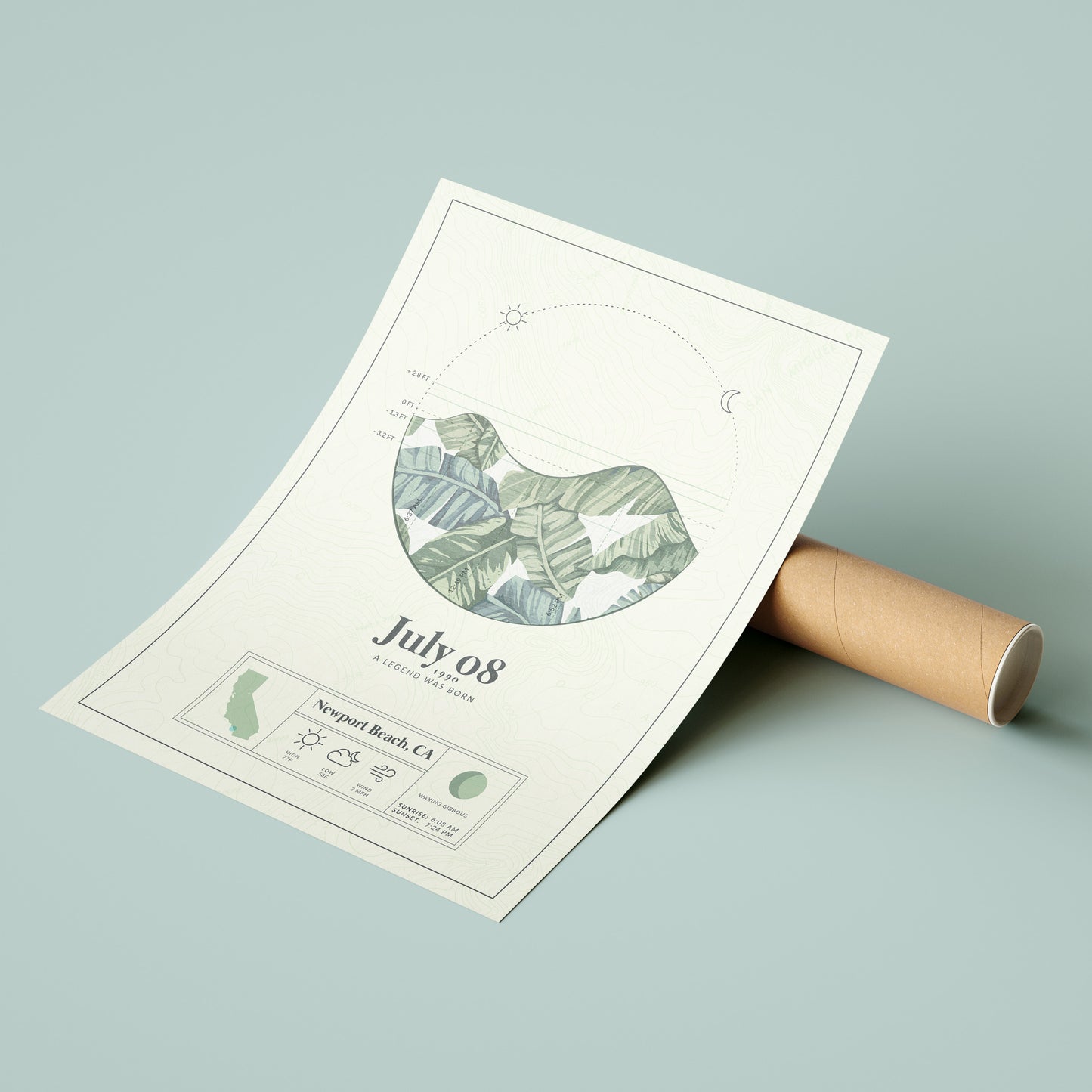 the personalized tide map poster by salt atlas in the tropical island green color option next to the eco friendly cardboard packaging. These are custom posters showing the tide, weather, and moon phase for a special day, like an anniversary or birthday.