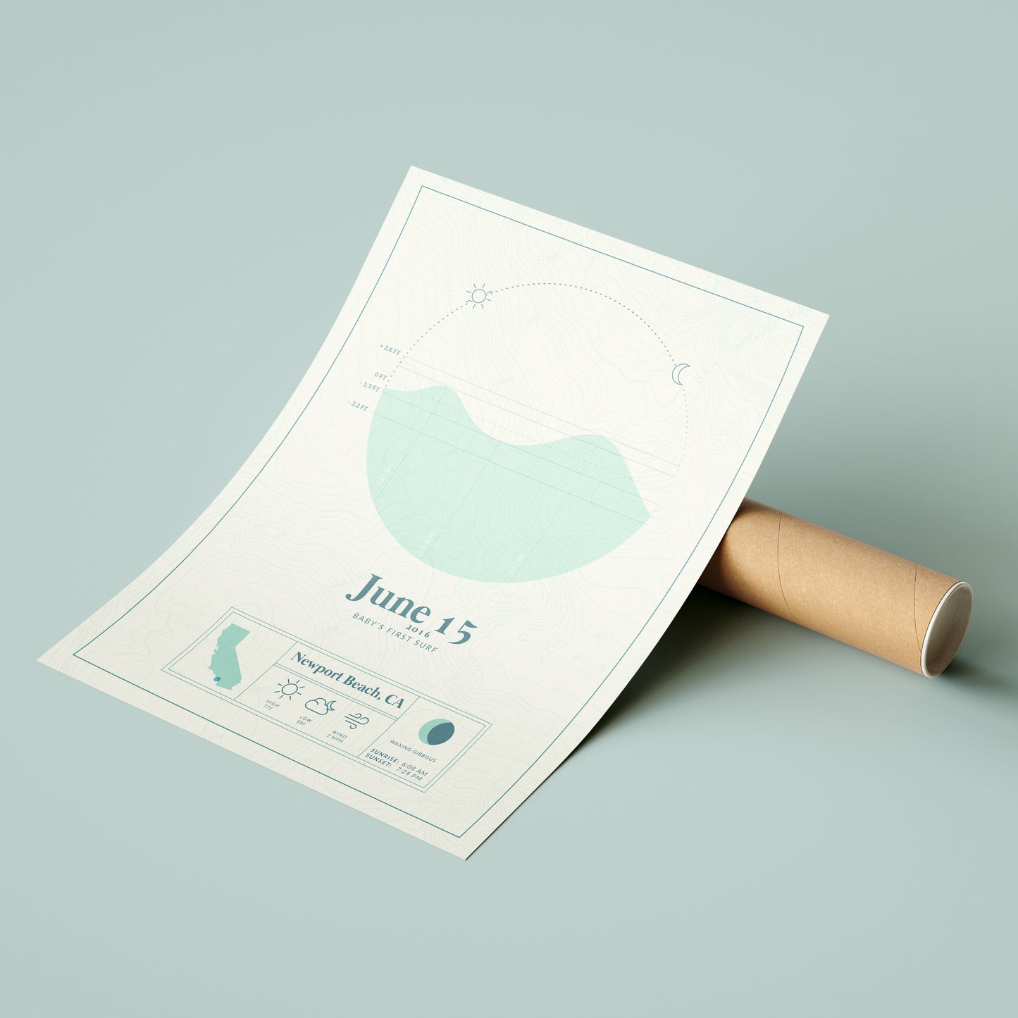 the personalized tide map poster by salt atlas in the mint & creme color option next to the eco friendly cardboard packaging. These are custom posters showing the tide, weather, and moon phase for a special day, like an anniversary or birthday.