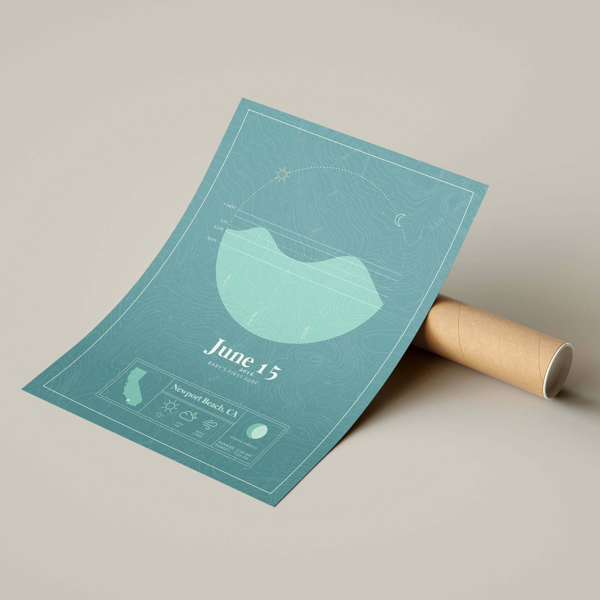 the personalized tide map poster by salt atlas in the Tahiti teal color option next to the eco friendly cardboard packaging. These are custom posters showing the tide, weather, and moon phase for a special day, like an anniversary or birthday.