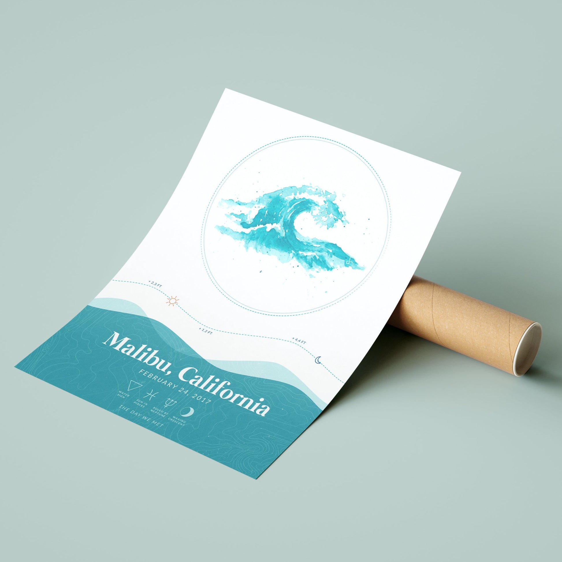 Waves Tide Map poster showing Malibu, California, next to eco-friendly packaging. Waves Tide Map Posters by Salt Atlas are custom posters showing the tide, astrology zodiac sign, and moon phase for a special day, like an anniversary or birthday.