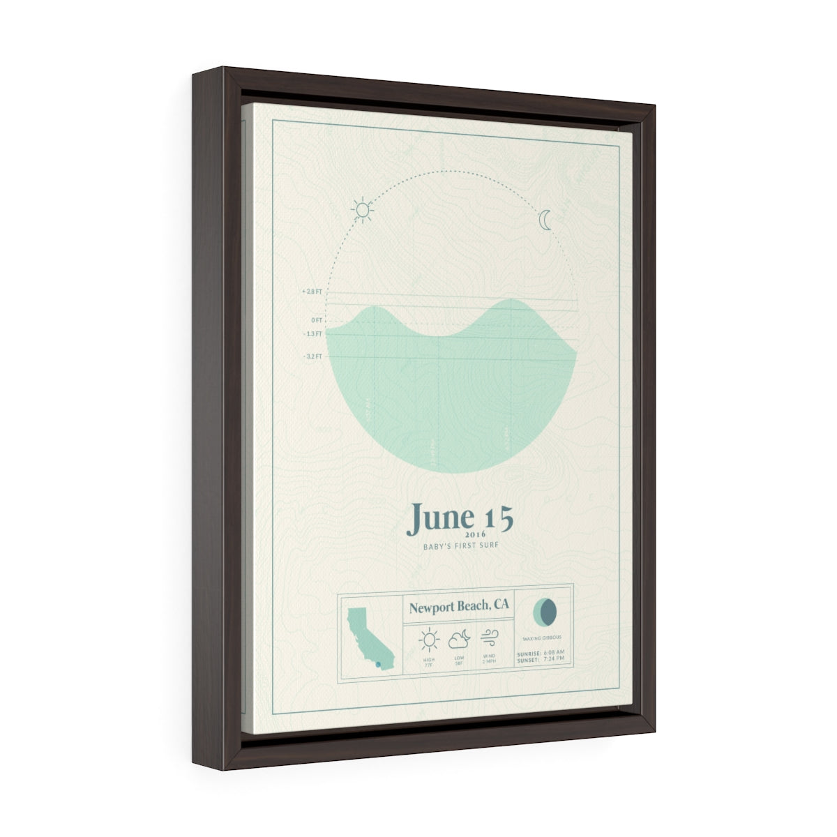 dark brown framed floating canvas of the personalized tide map by salt atlas in the mint & creme color on a white background. These are custom posters showing the tide, weather, and moon phase for a special day, like an anniversary or birthday.