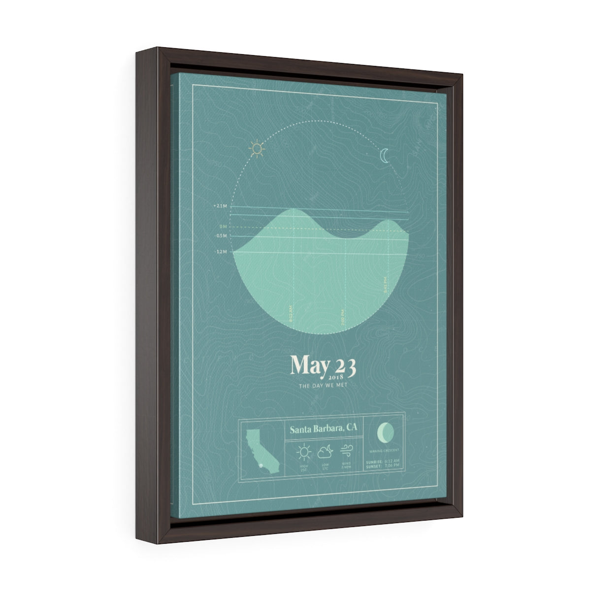 dark brown framed floating canvas of the personalized tide map by salt atlas in the Tahiti teal color on a white background. These are custom posters showing the tide, weather, and moon phase for a special day, like an anniversary or birthday.