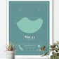white framed picture of the personalized tide poster by salt atlas in the Tahiti teal color in a home setting. These are custom posters showing the tide, weather, and moon phase for a special day, like an anniversary or birthday.
