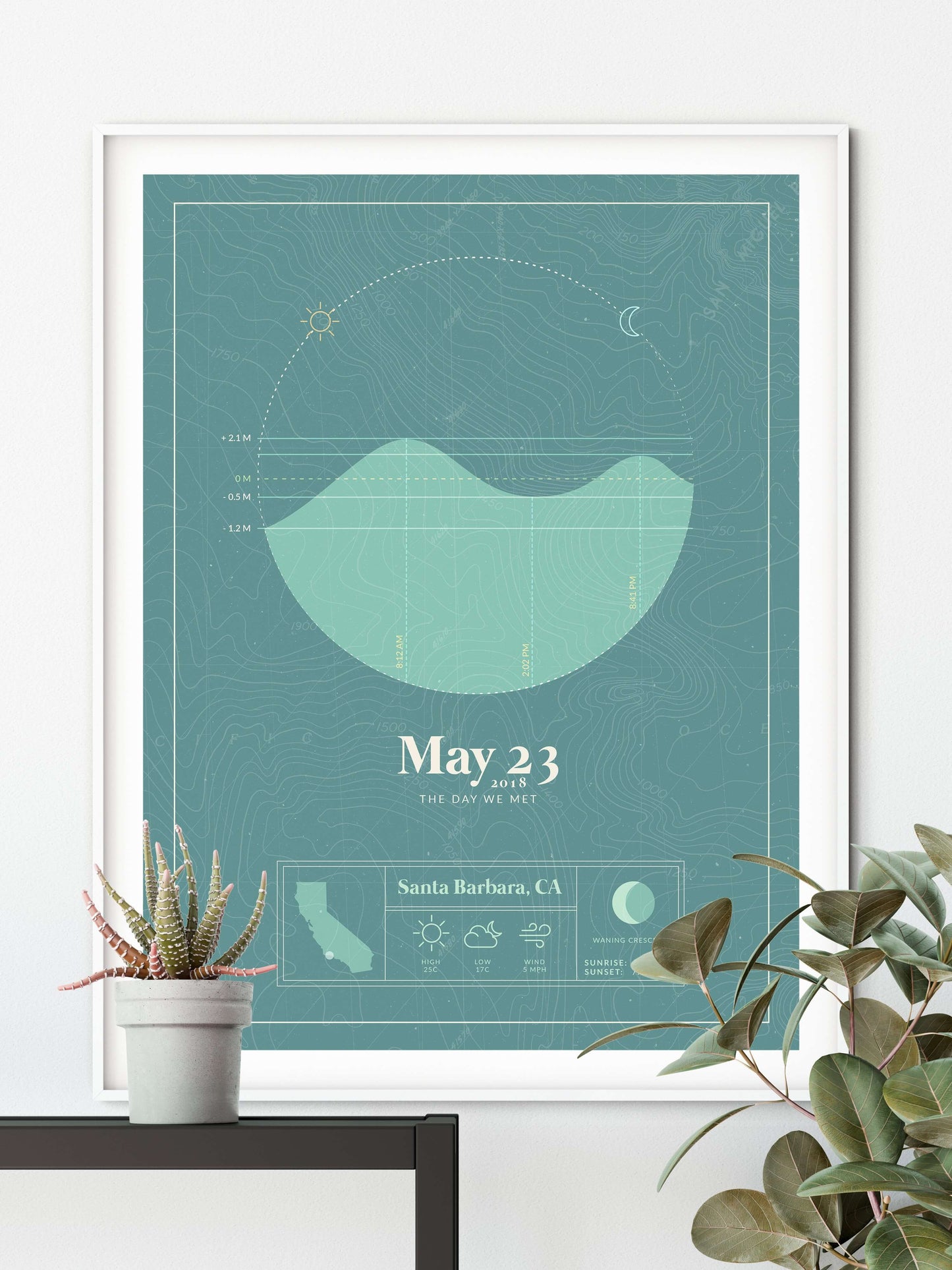 white framed picture of the personalized tide poster by salt atlas in the Tahiti teal color in a home setting. These are custom posters showing the tide, weather, and moon phase for a special day, like an anniversary or birthday.